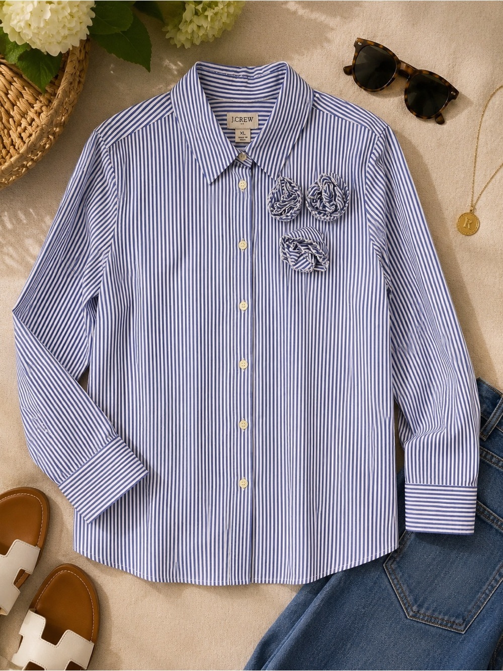 J.Crew XL Blue White Striped Button-Up Shirt 3D Floral Appliqué Stretch Cotton